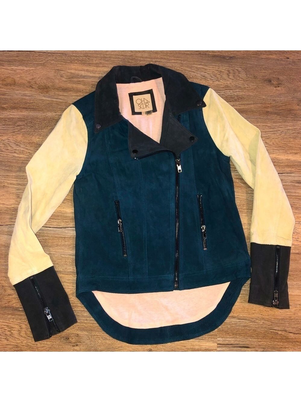 CHASER Suede Leather Blue Body Cream & Grey Cuff Sleeves Colour Block Moto Sz XS